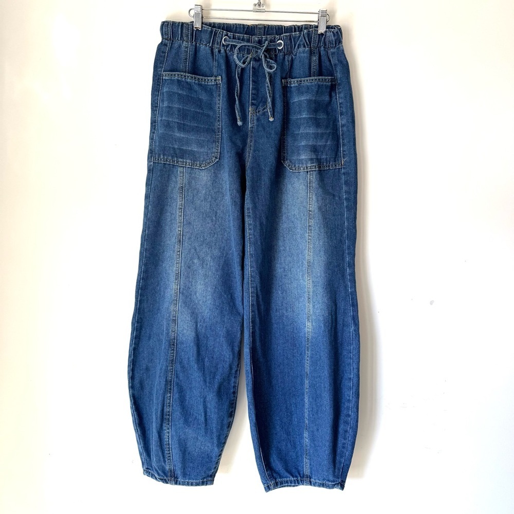 Balloon Leg Pull On Blue Jeans with tie waist patch pockets Lagenlook